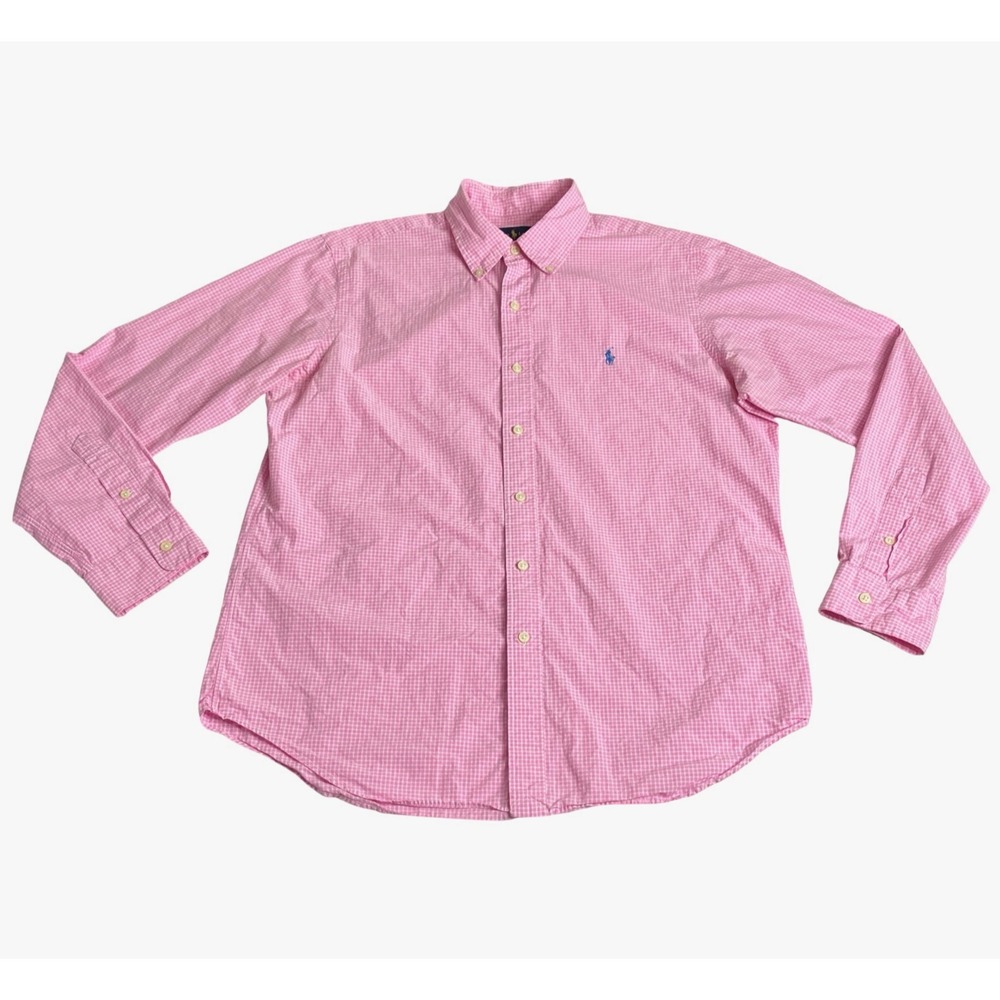 Ralph Lauren Shirt Mens Large Pink Gingham Button Down Preppy Cotton Pony Logo